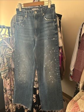 Zara Blue Denim Wide-Leg Jeans with White Paint Splatter